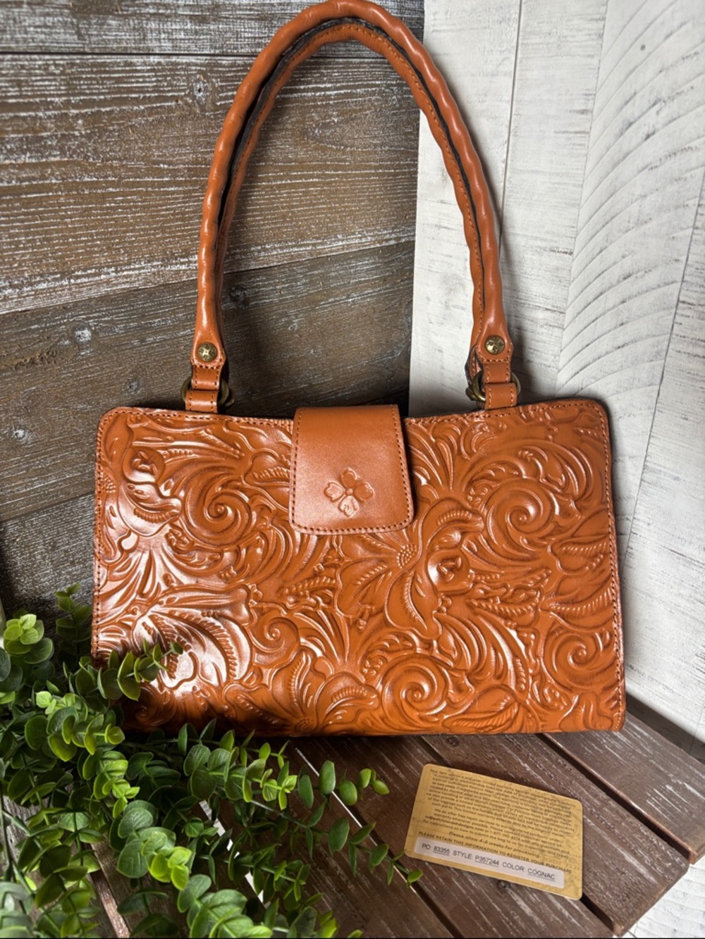 Patrica Nash NWOT Tooled Leather Tote Handbag in Cognac